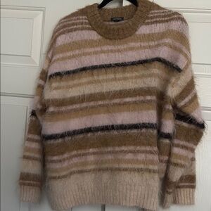 Fuzzy Striped Crewneck Sweater in Pink & Brown